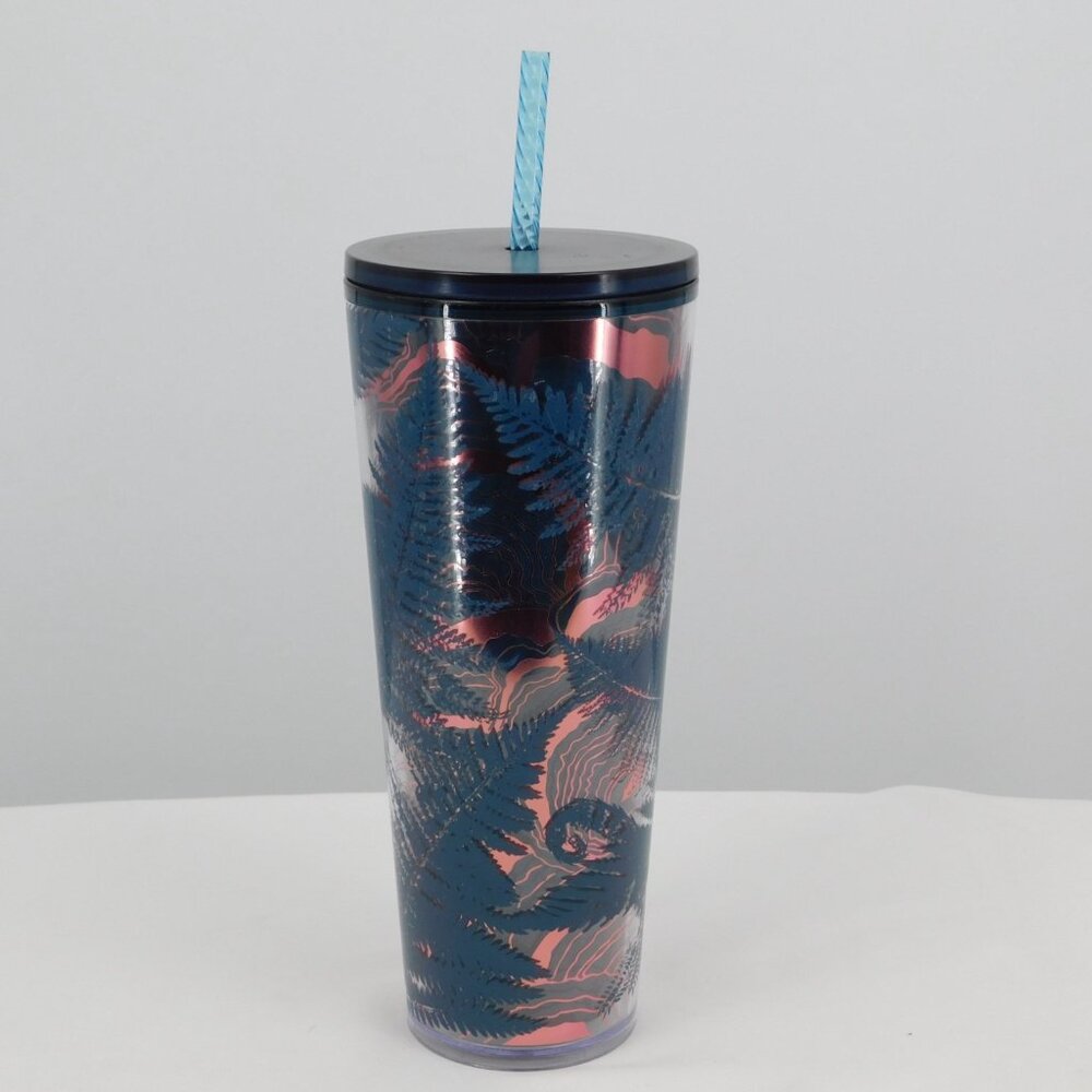 Starbucks Fall 2022 Ocean Fern Blue Rose Gold Foil 24oz Venti Cold Tumbler Straw - Picture 4 of 9
